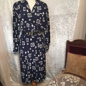 Liz Claiborne Navy Blue and white graphic  print  shirt dress Size 6 Vintage
